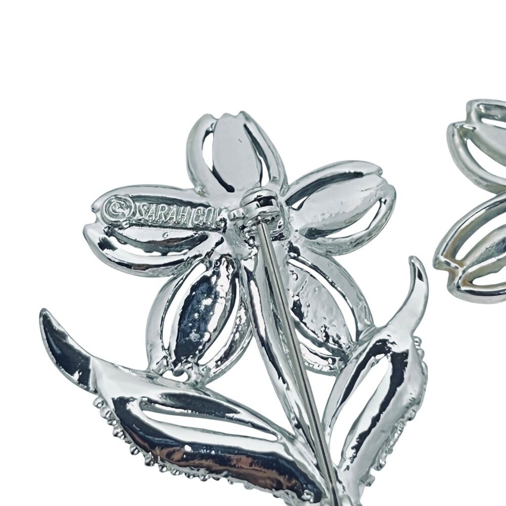 Sarah Cov Silver Tone W/Black Rhinestone Bracelet, Clip Earrings & Brooch (5689) - Picture 8 of 10